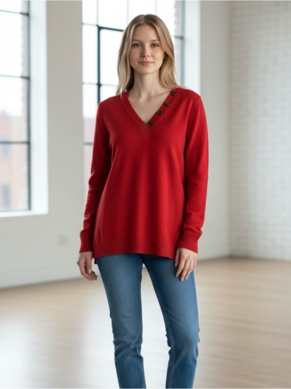 Anthropologie Red V-Neck Button-Trim Sweater